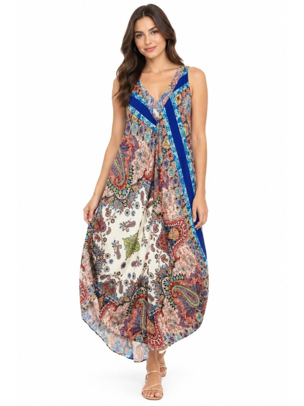 ZARA Silky Paisley Print V Neck Sleeveless Swing Midi Dress Small